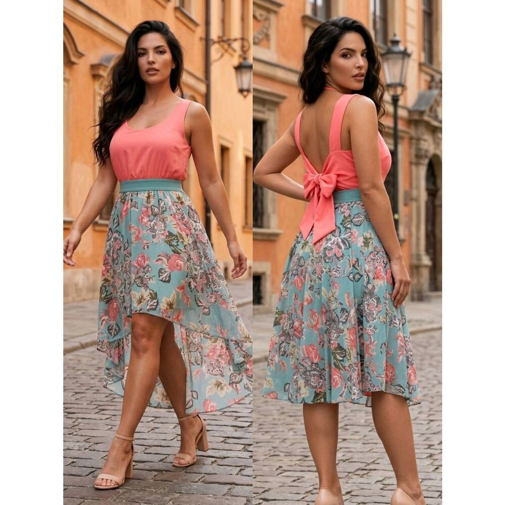☔️🔹️Just Me Sage & Coral Hi-Low Open Back Sleeveless Dress Medium